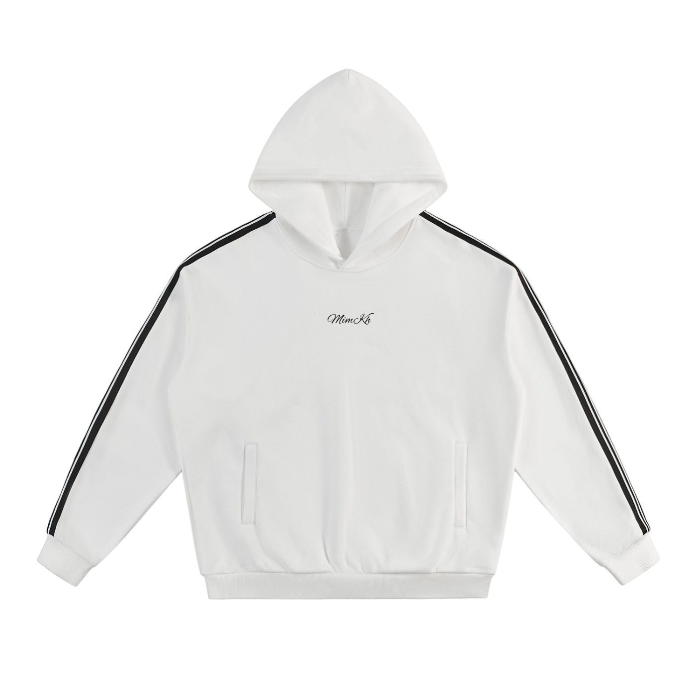 White hoodie with black stripes on sleeves on a white background