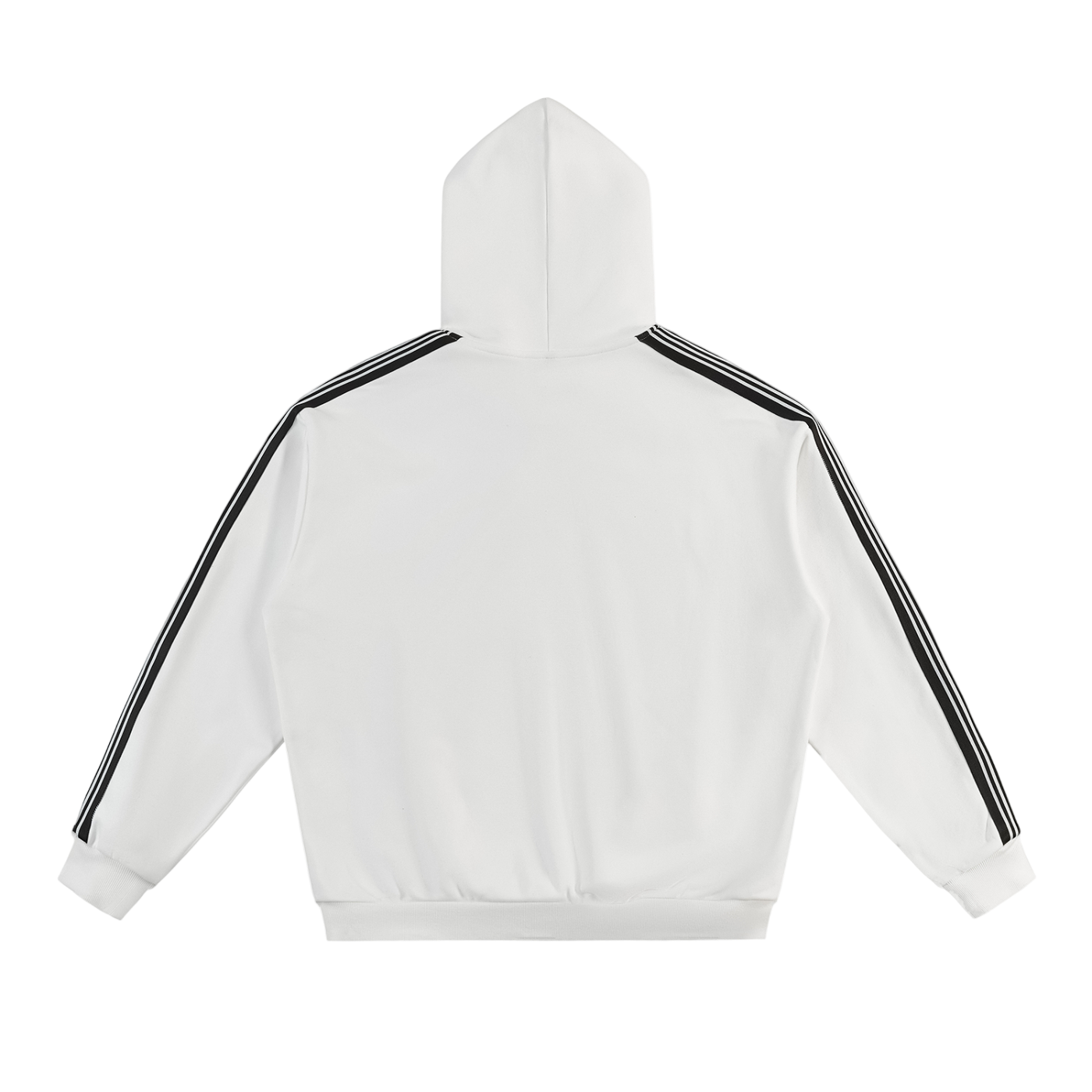 White hoodie with black stripes on sleeves on a white background