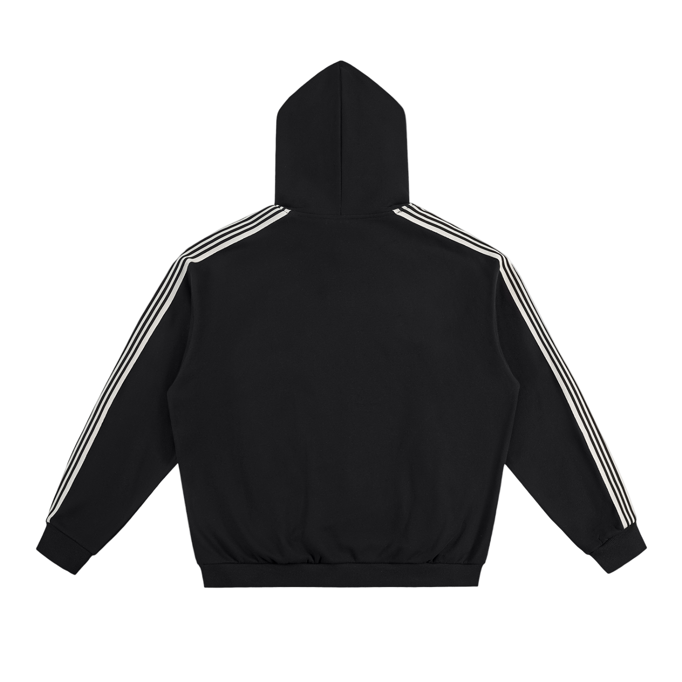 Black hoodie with white stripes on sleeves on a white background