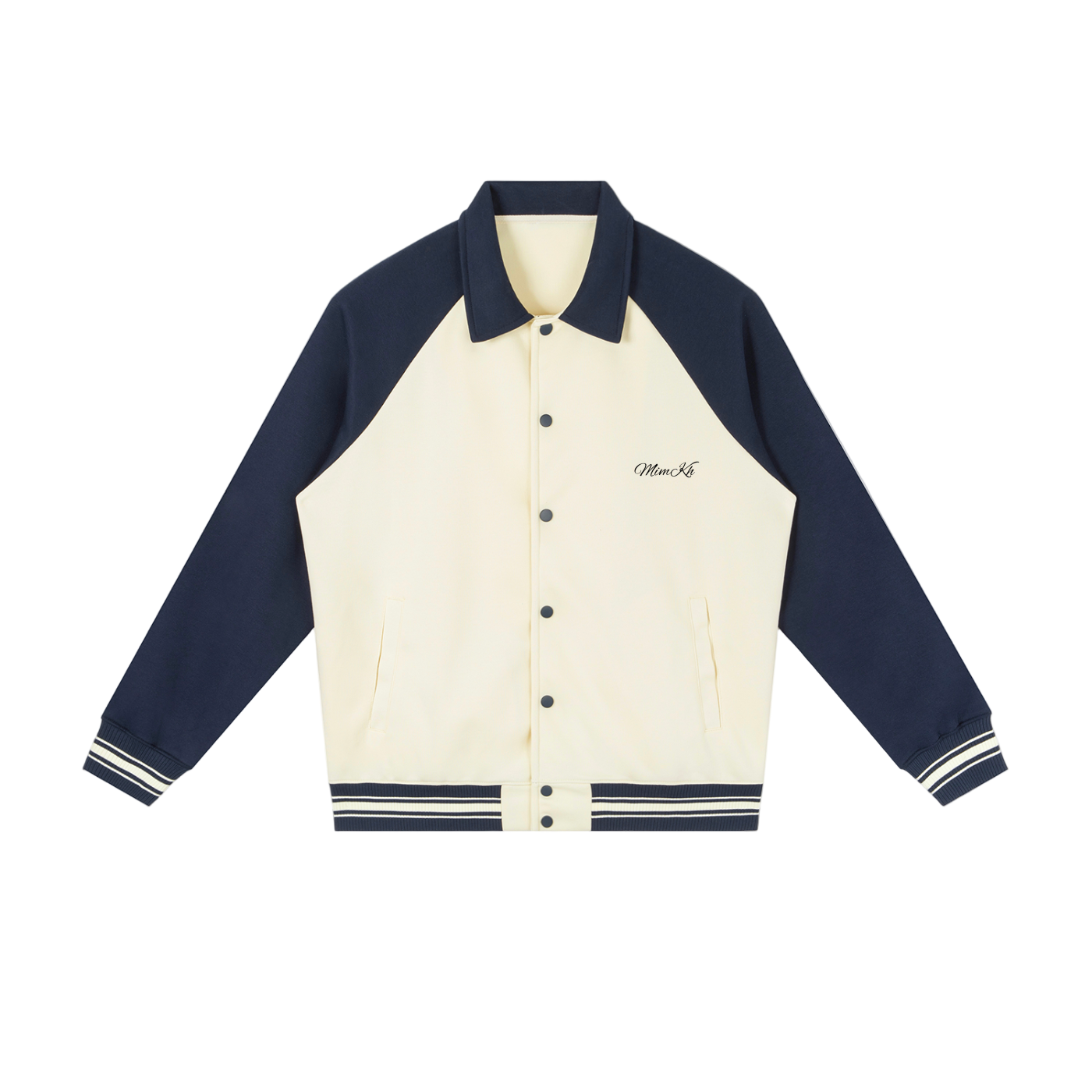 Navy and cream varsity jacket on a white background