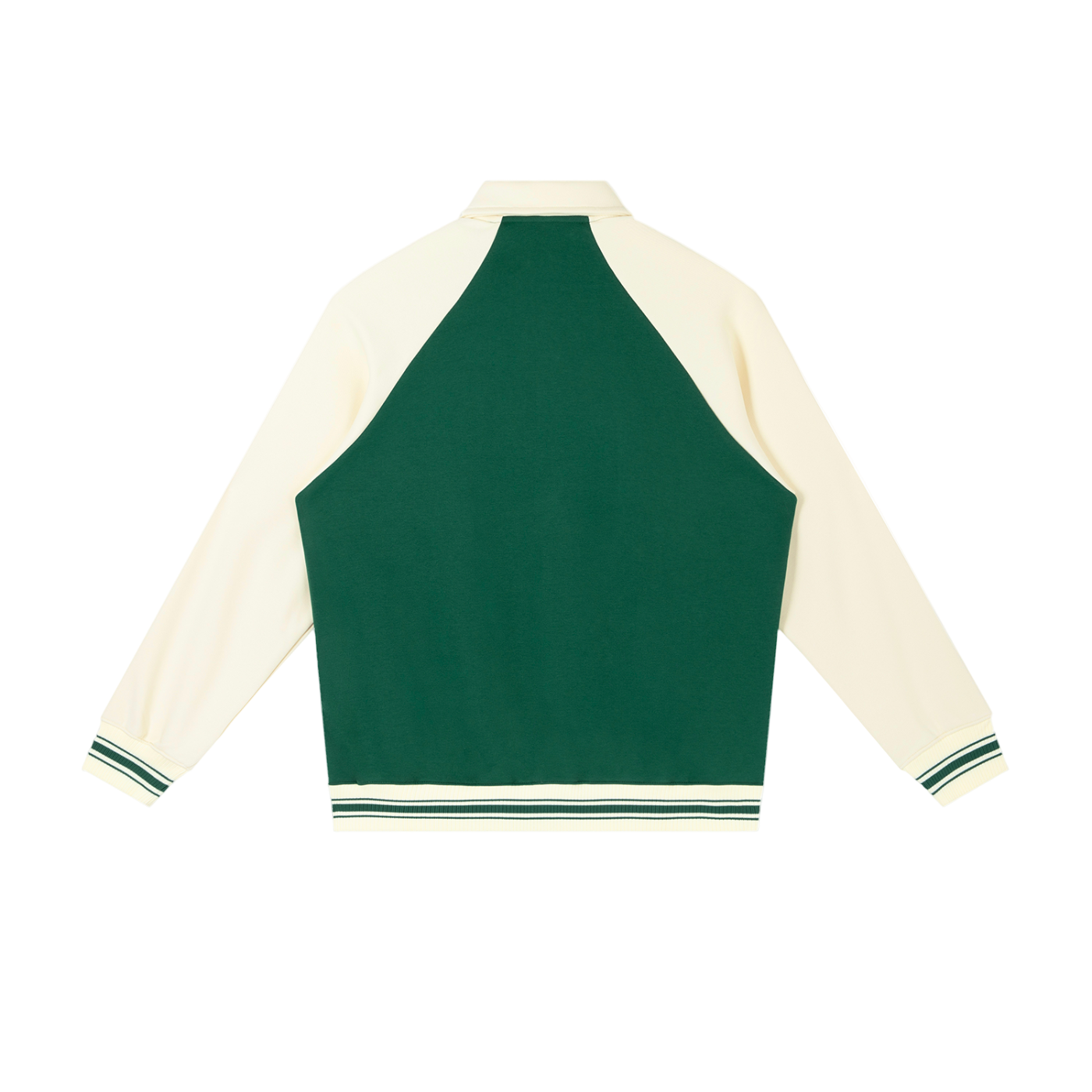Green and cream varsity jacket on a white background