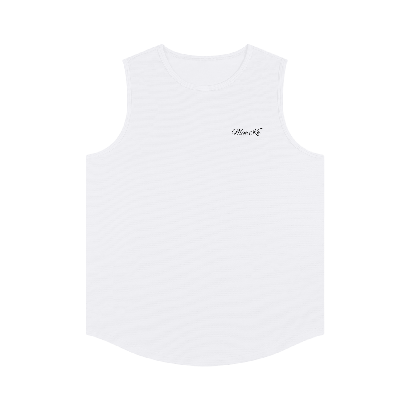 White sleeveless shirt with a brand logo on a white background
