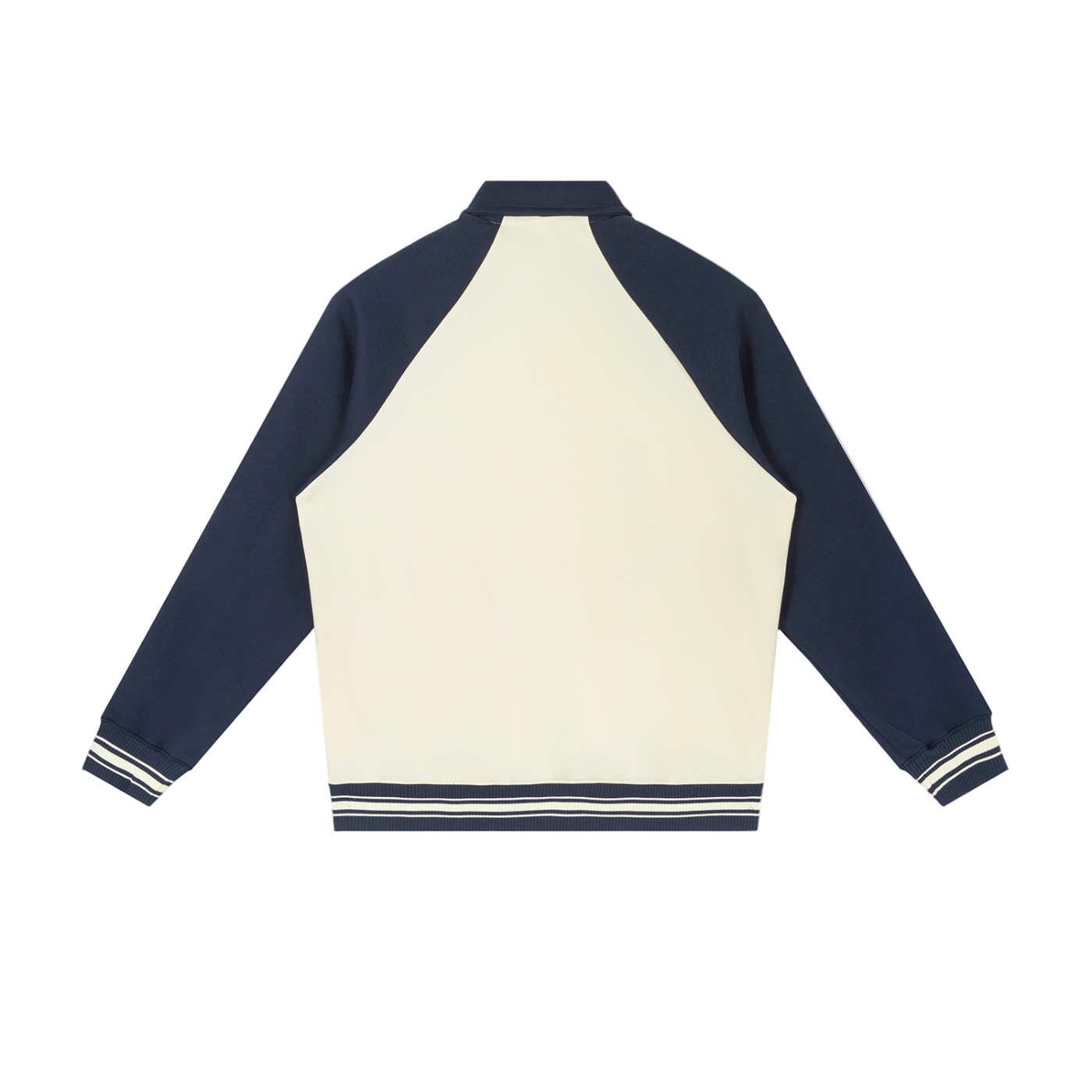 Navy and cream baseball jacket on a white background