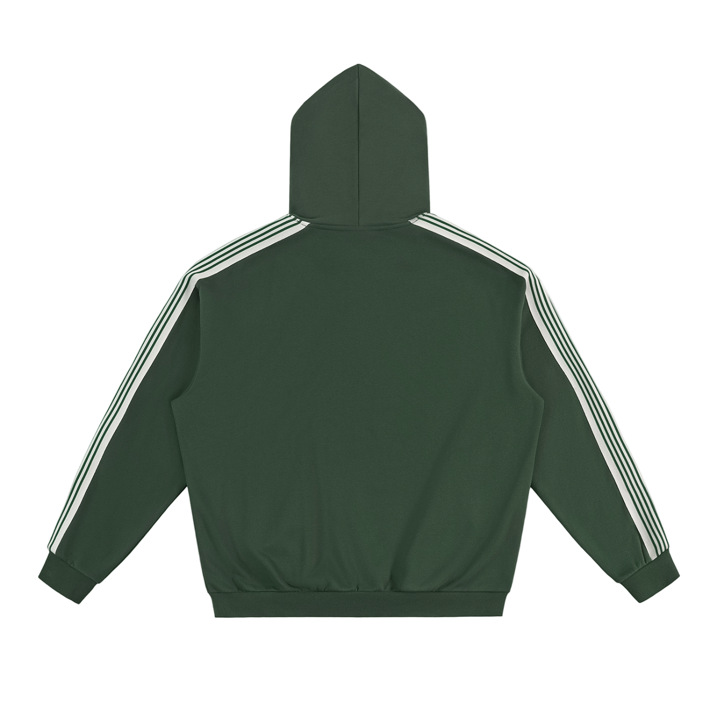 Green hoodie with white stripes on the sleeves and back on a white background