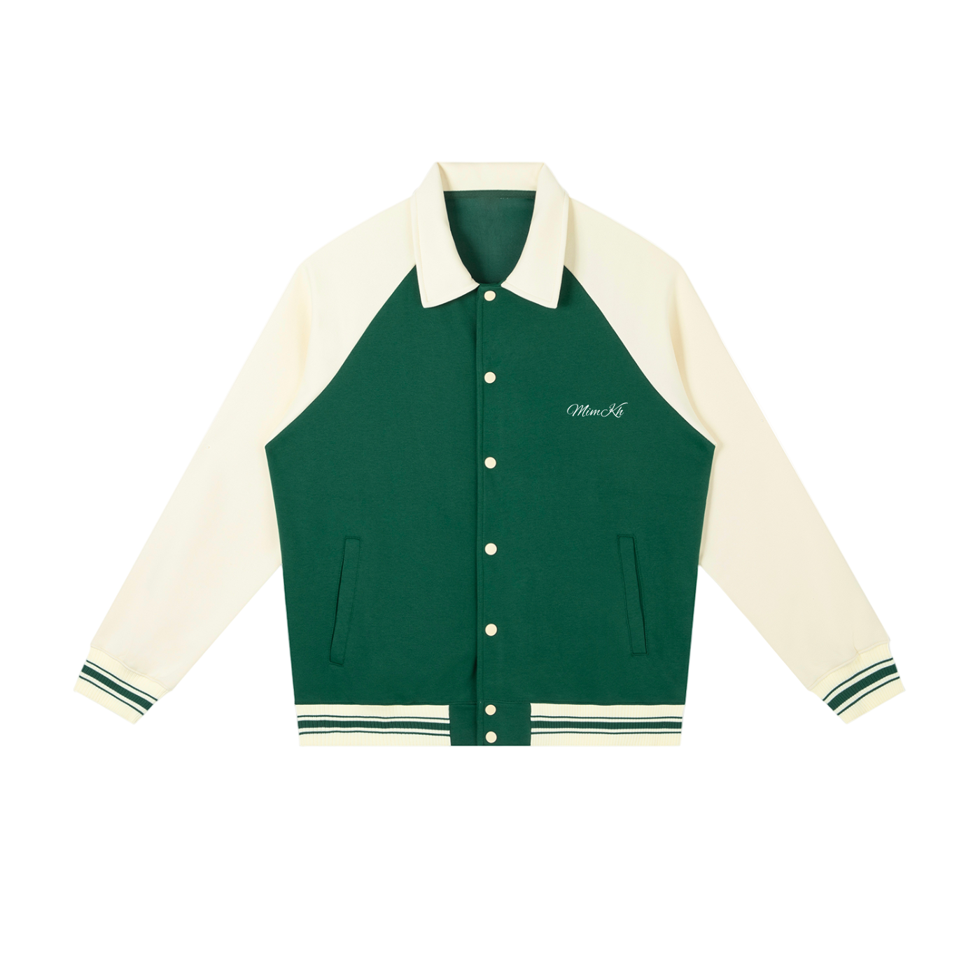 Green and cream varsity jacket on a white background