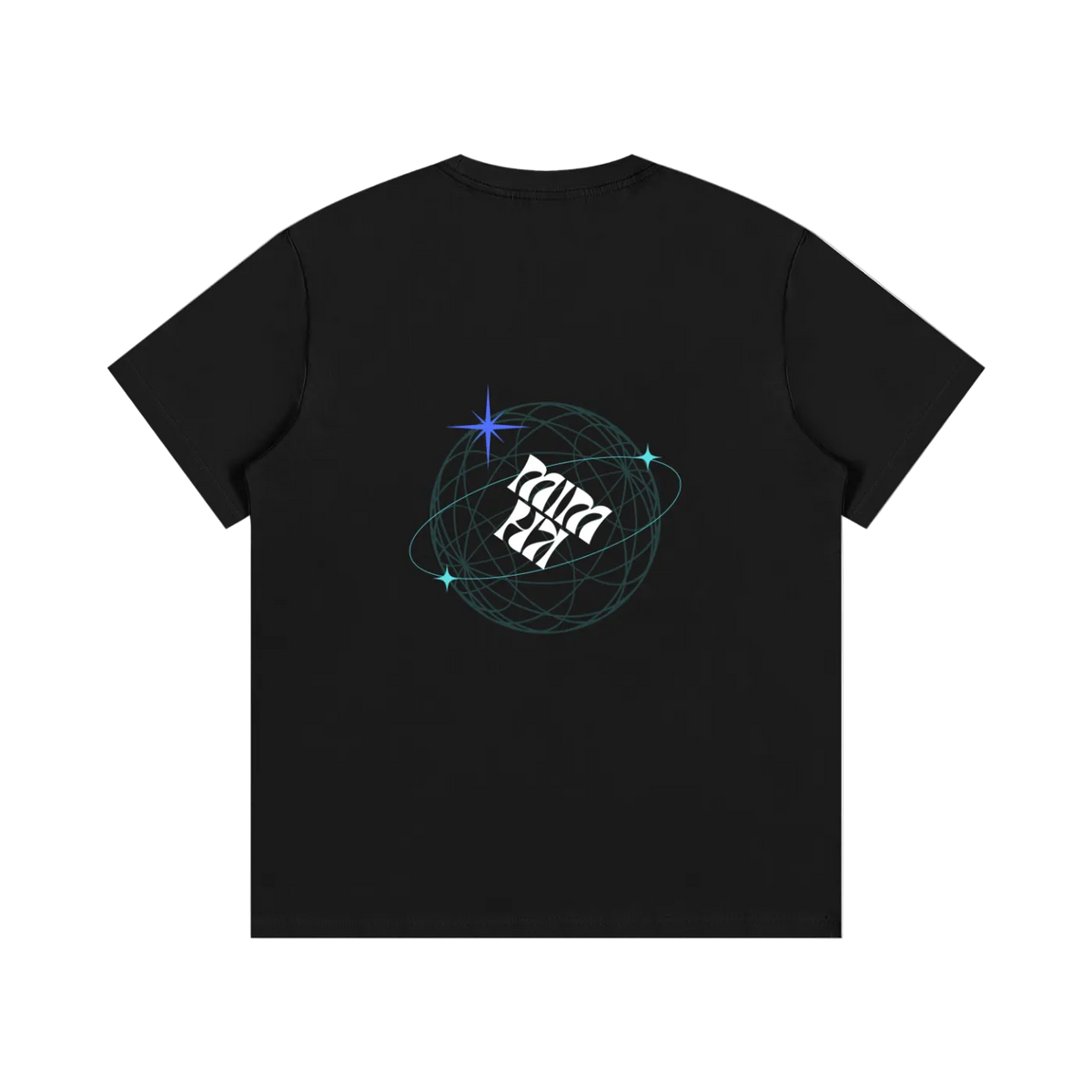 A black short-sleeve t-shirt shown from the back, featuring a central graphic of stylized white text reading 'KUROO' inside a teal circular orbit with a blue star accent.