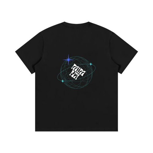 A black short-sleeve t-shirt shown from the back, featuring a central graphic of stylized white text reading 'KUROO' inside a teal circular orbit with a blue star accent.