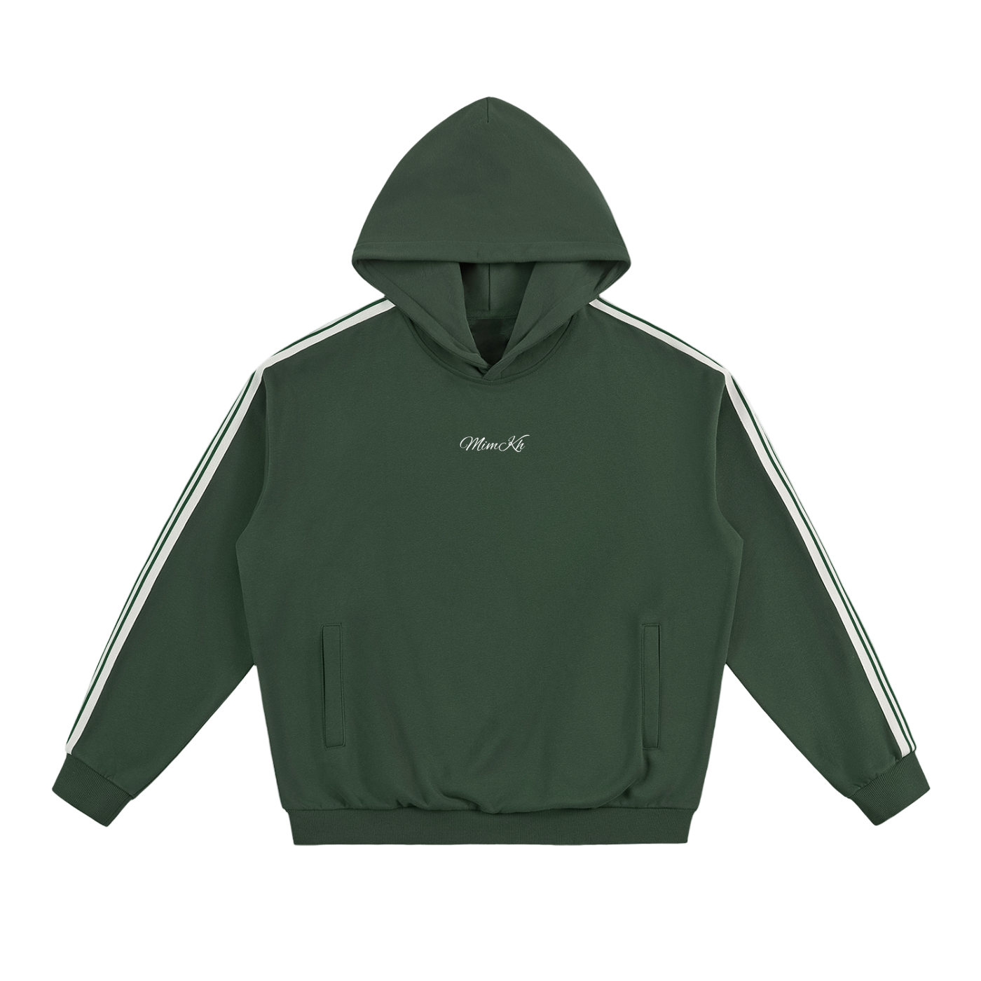Green hoodie with white stripes on sleeves on a white background