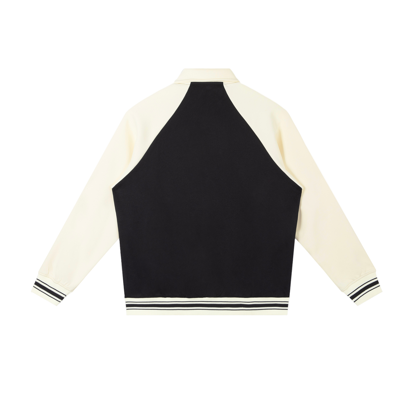 Black and cream varsity jacket on a white background