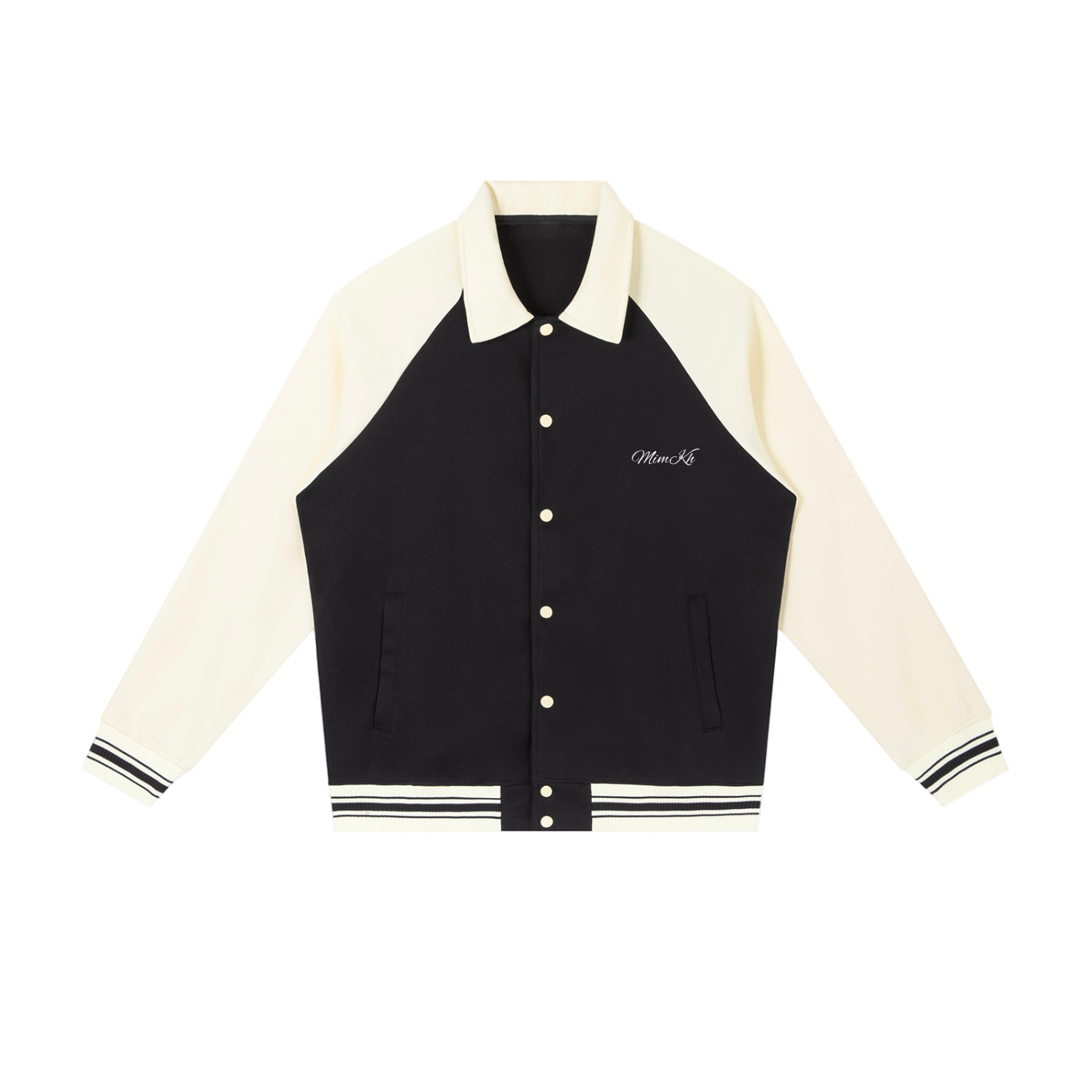 Black and white varsity jacket with a brand logo on a white background