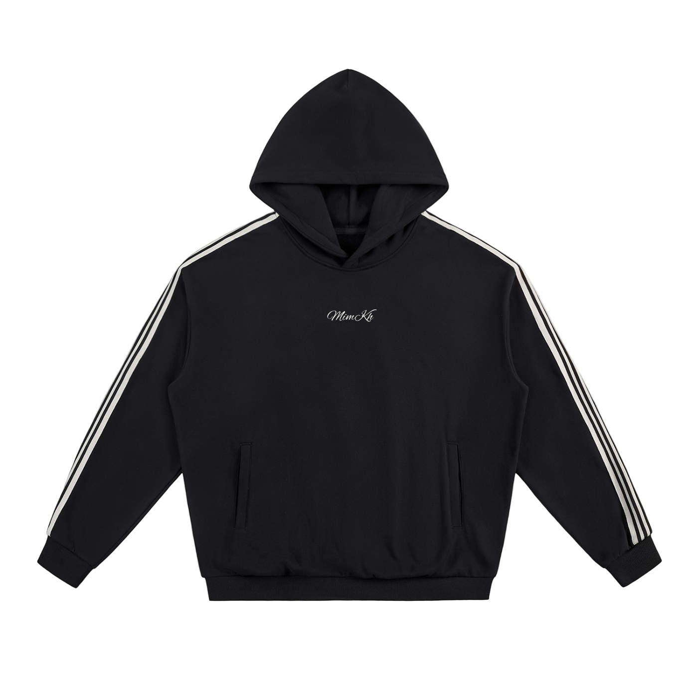 Black hoodie with white stripes on sleeves and logo on chest against a white background